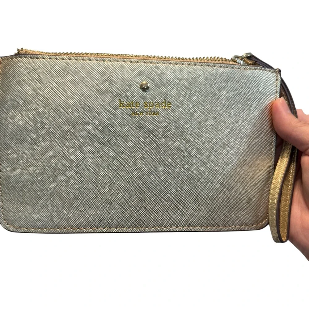 Kate Spade New York Gold Saffiano Leather Wristlet Pouch Zip Top Bag